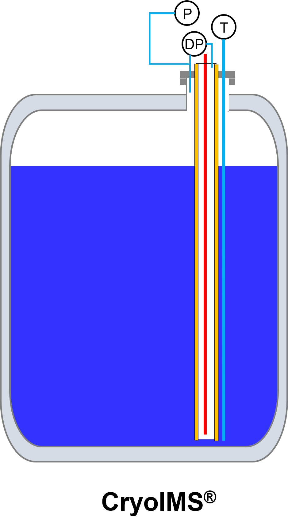CryoIMS® tank configuration — pressure (P), differential pressure (DP), and temperature (T) sensors integrated in a single flange